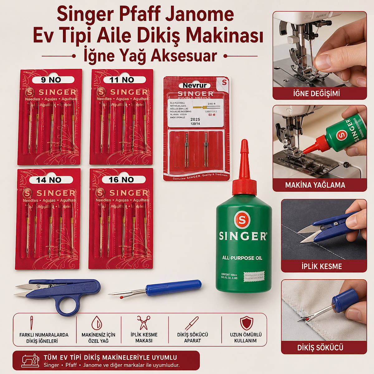 Singer Pfaff Janome Ev Tipi Aile Diki� Makinas� ��ne Ya� Aksesuar