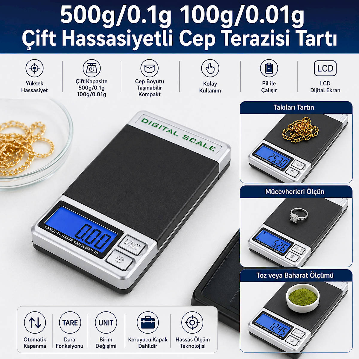 500g/0.1g 100g/0.01g �ift Hassasiyetli Cep Terazisi Tart�