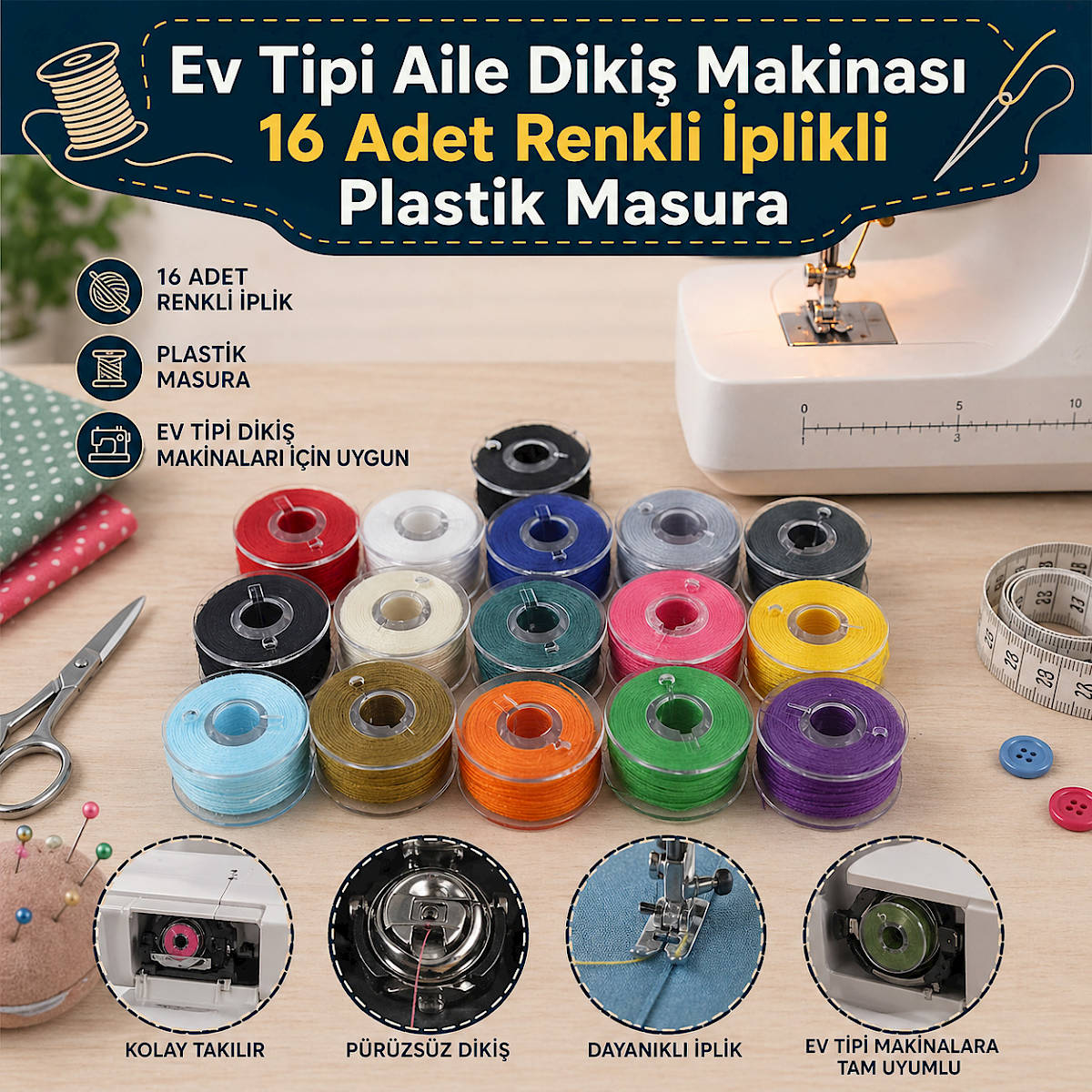 Ev Tipi Aile Diki� Makinas� 16 Adet Renkli �plikli Plastik Masura