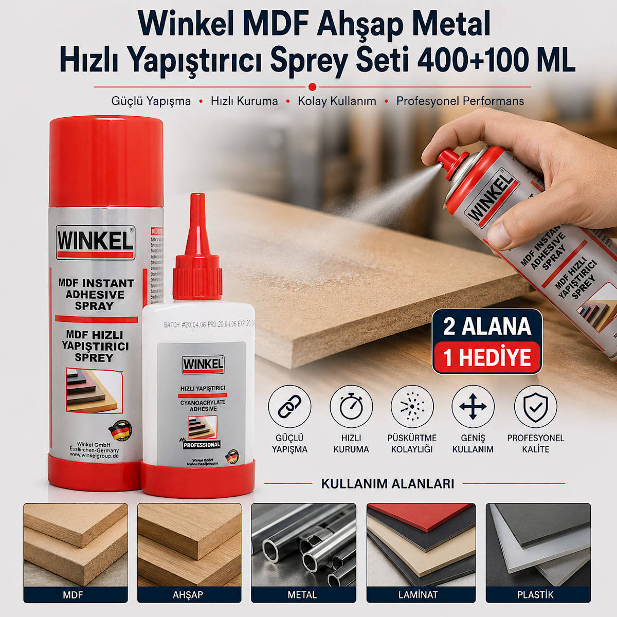 Winkel MDF Ah�ap Metal H�zl� Yap��t�r�c� Sprey Seti 400+100 ML