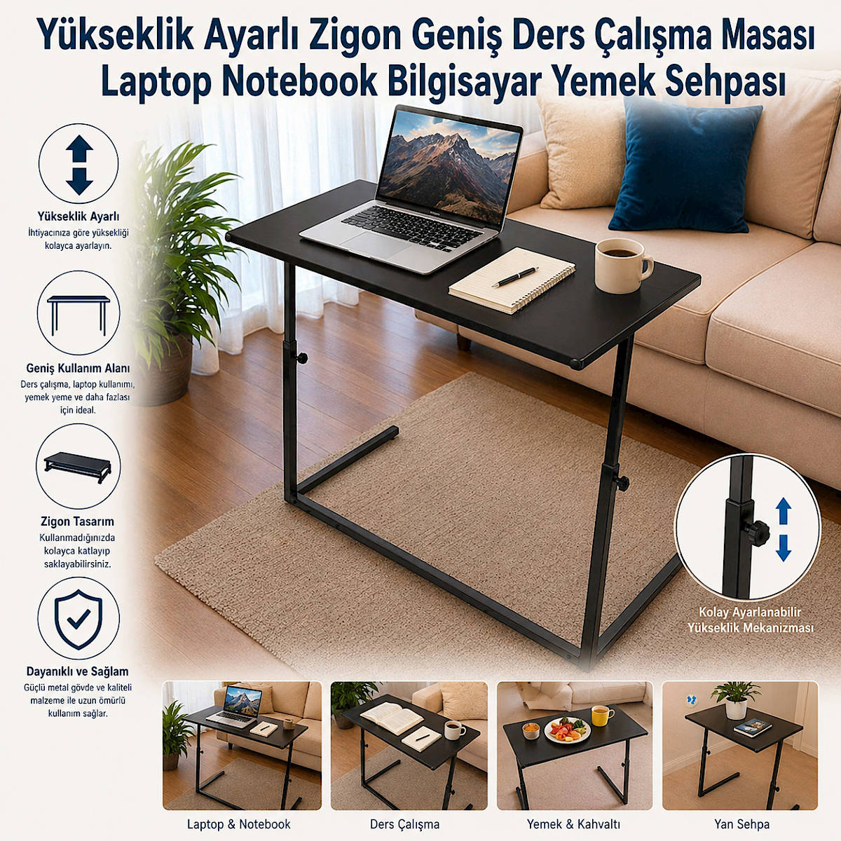 Y�kseklik Ayarl� Zigon Geni� Ders �al��ma Masas� Laptop Notebook Bilgisayar Yemek Sehpas�