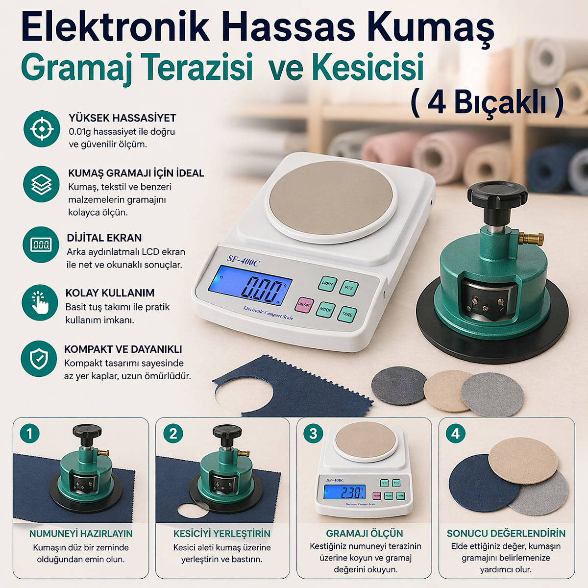 Elektronik Hassas Kuma� Gramaj Terazisi ve Kesicisi ( 4 B��akl� )