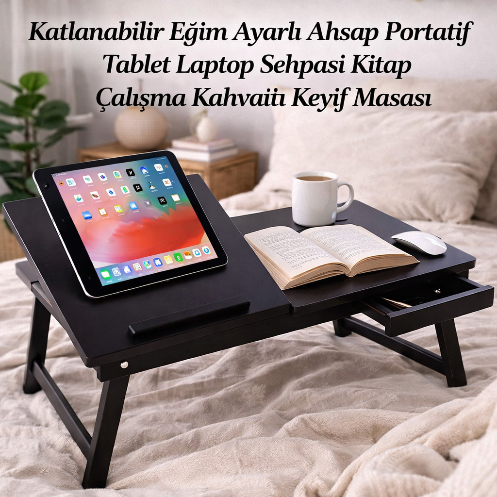  Katlanabilir E�im Ayarl� Ah�ap Portatif Tablet Laptop Sehpas� Kitap �al��ma Kahvalt� Keyif Masas�