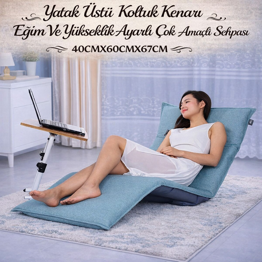 Yatak �st� Koltuk Kenar� E�im Ve Y�kseklik Ayarl� �ocuk Ders �al��ma �ok Ama�l� Sehpas� Masa 40CMX60CMX67CM