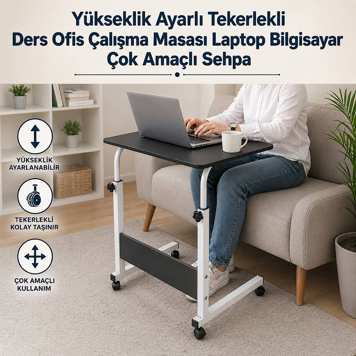Yerden Y�kseklik Ayarl� Tekerlekli Laptop Bilgisayar  ��Ders �al��ma Ofis Yemek Kahvalt� Sehpas� Masas�
