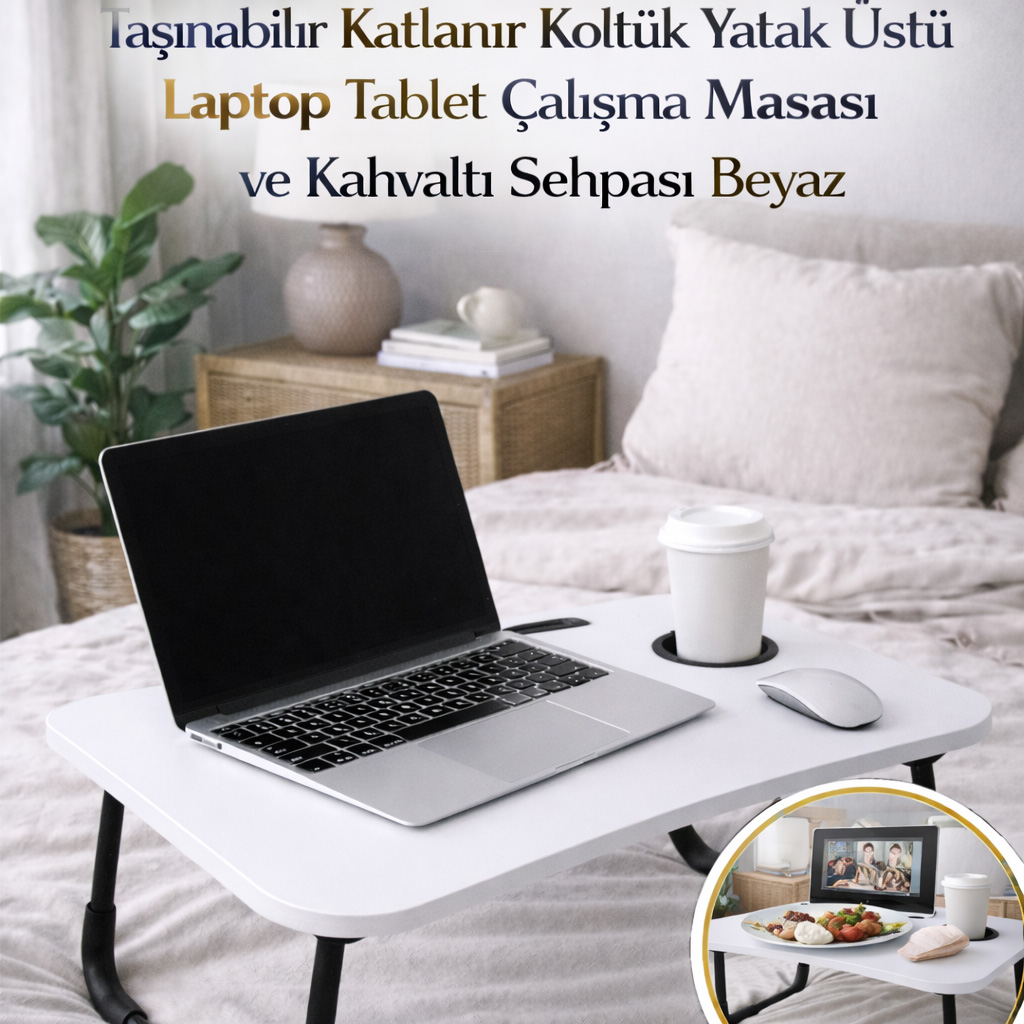 Ta��nabilir Katlan�r Koltuk Yatak �st� Laptop Tablet �al��ma Masas� ve Kahvalt� Sehpas� Beyaz