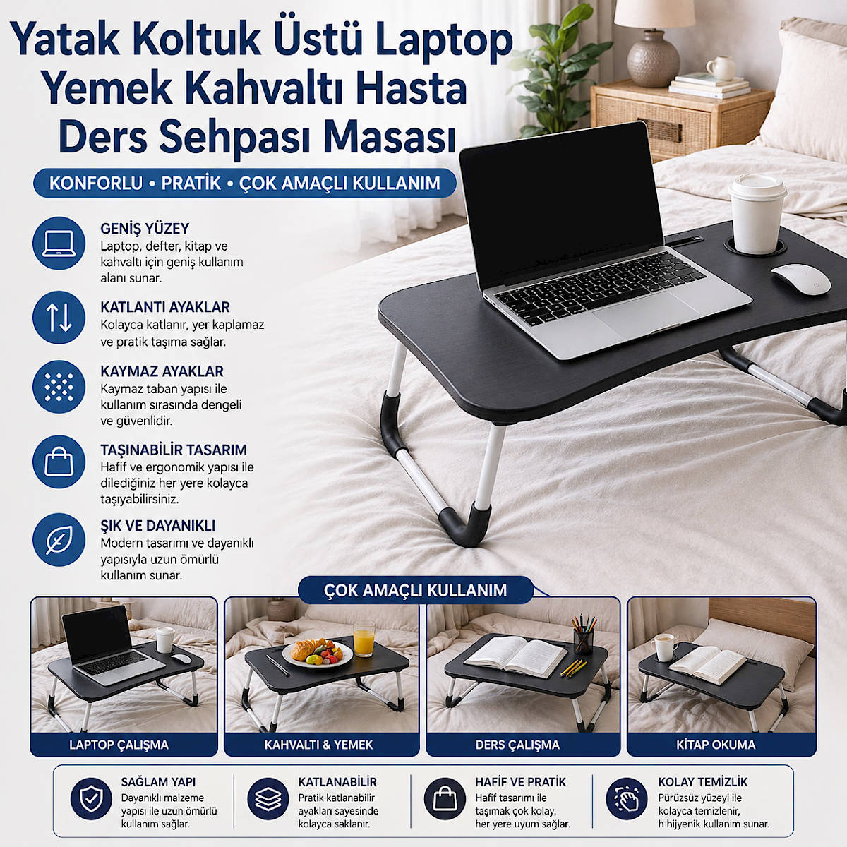 Yatak Koltuk Üstü Laptop Yemek Kahvaltı Hasta Ders Sehpası Masası