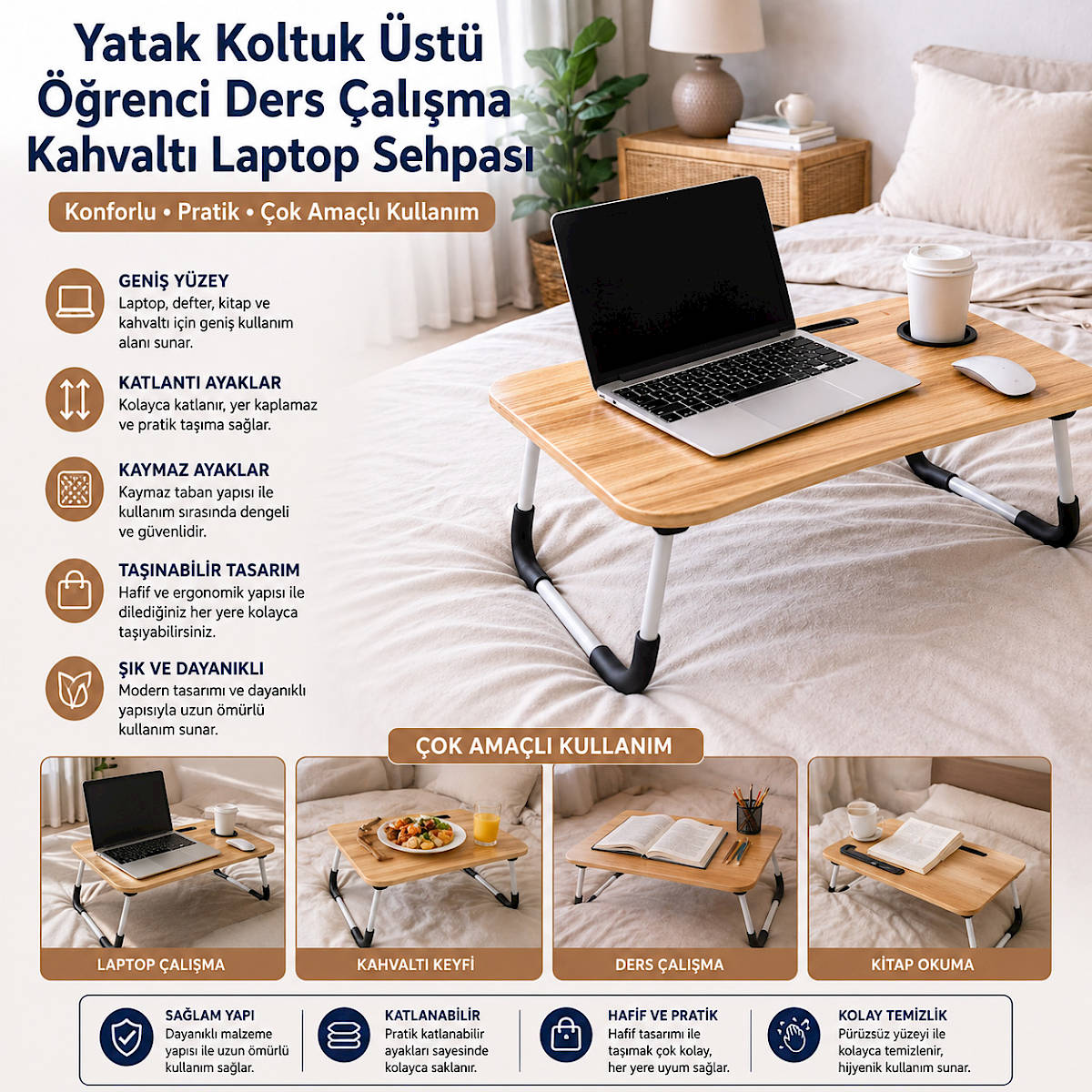 Yatak Koltuk �st� ��renci Ders �al��ma Kahvalt� Laptop Sehpas�