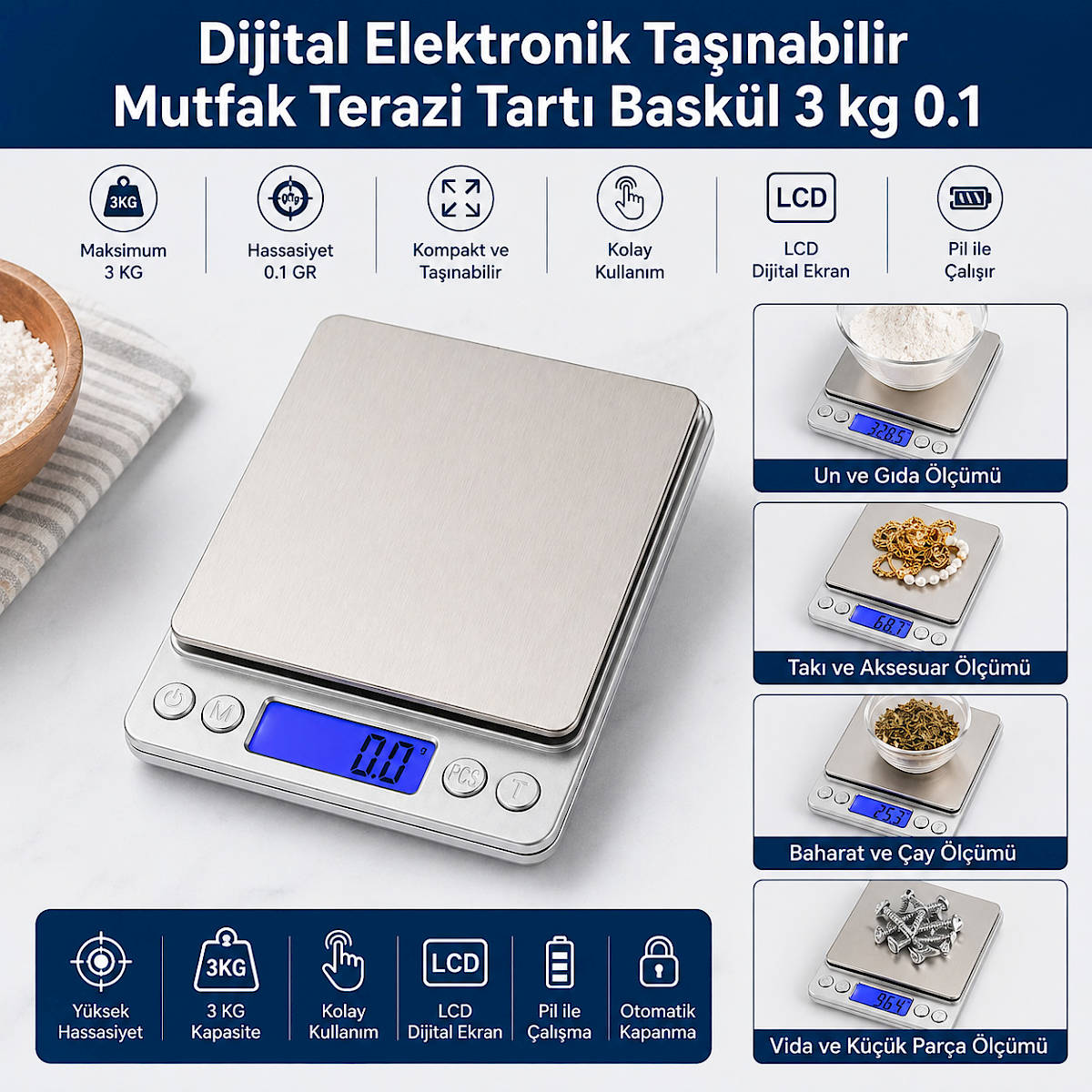 Hodbehod 3000gr 0.1 Elektronik Dijital GC6stergeli Ta��nabilir Cep Terazi Tart� �l��m Aleti Bask�l