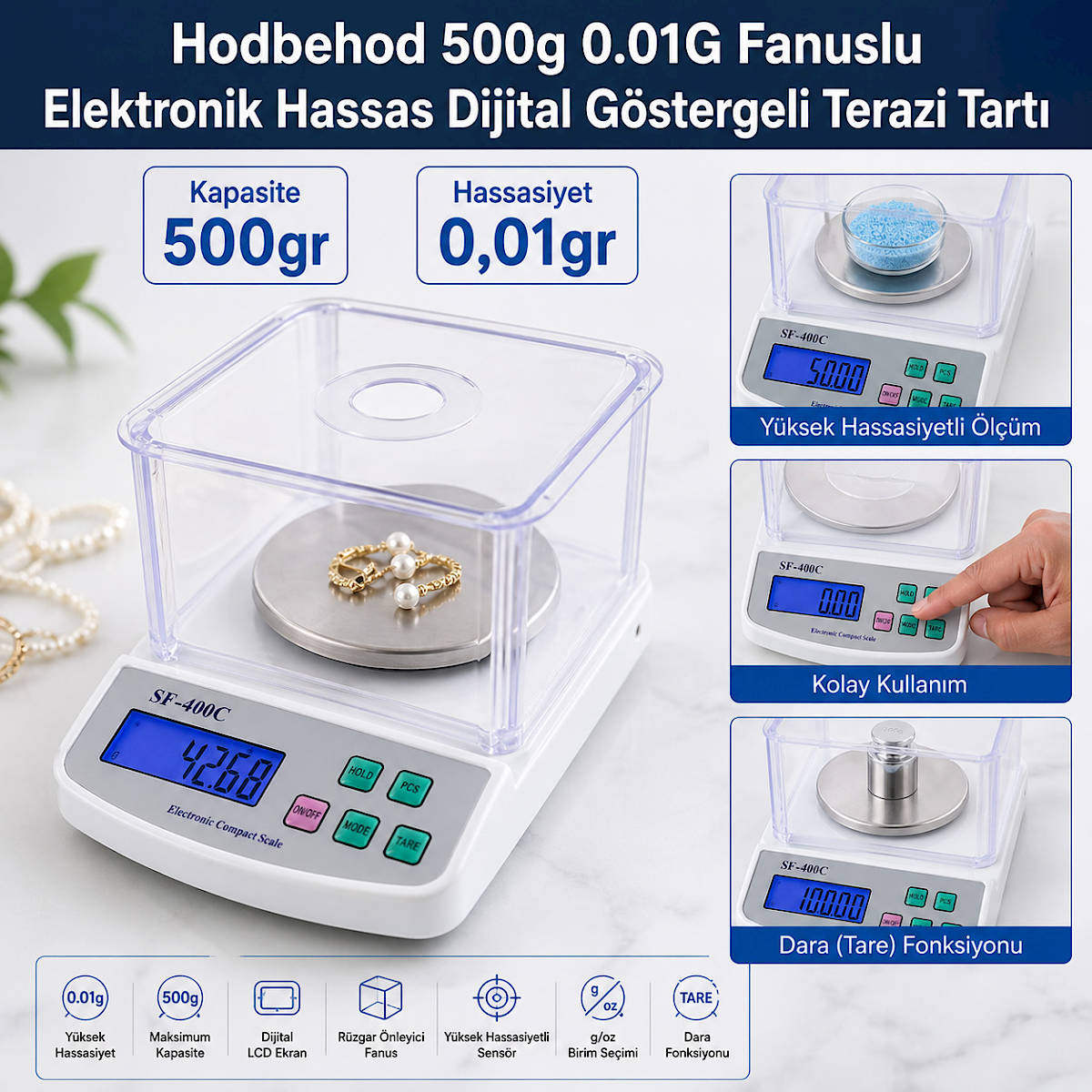 Hodbehod 500g 0.01G Fanuslu Elektronik Hassas Dijital G�stergeli Terazi Tart�