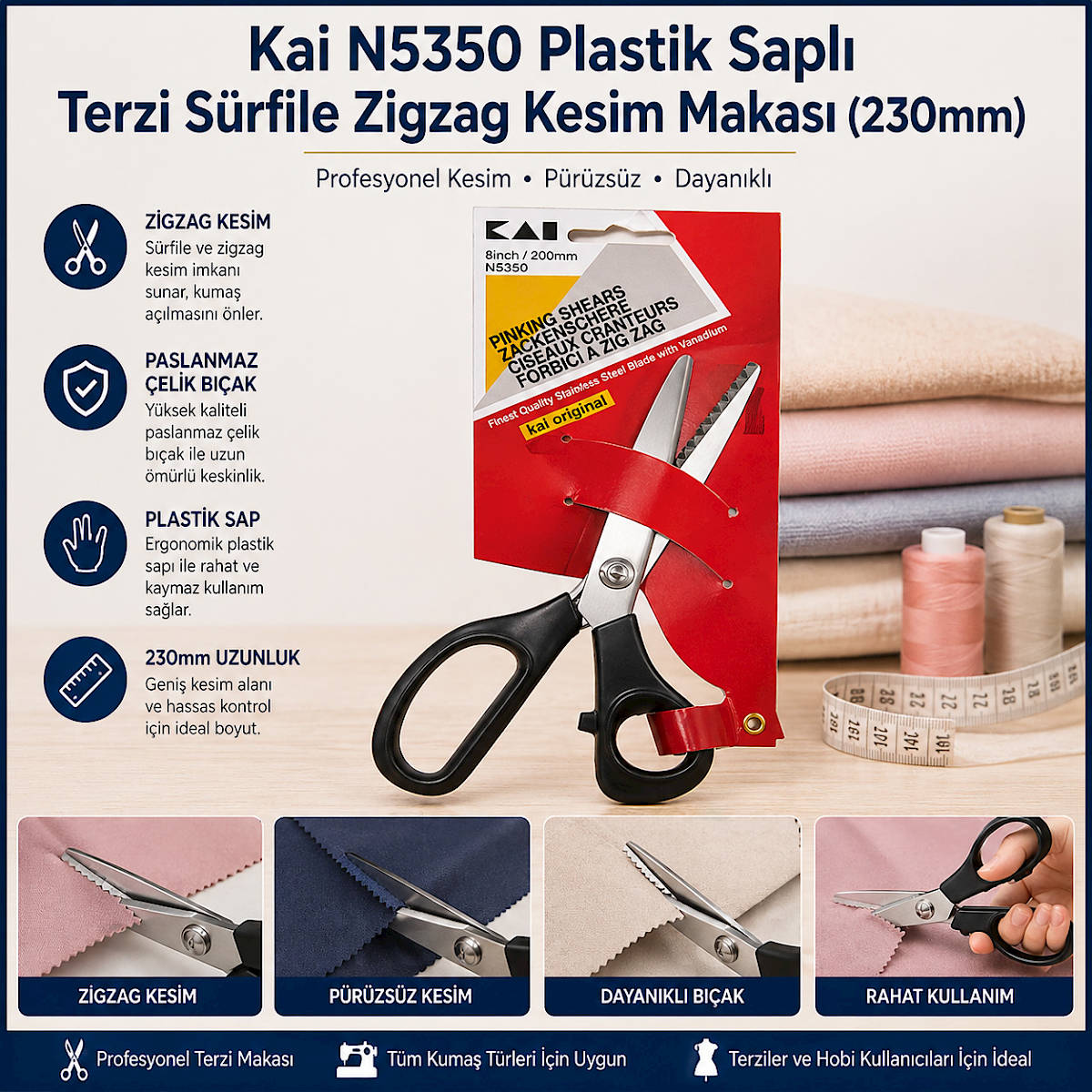 Kai N5350 Plastik Sapl� Terzi S�rfile Zigzag Kesim Makas� (230mm)