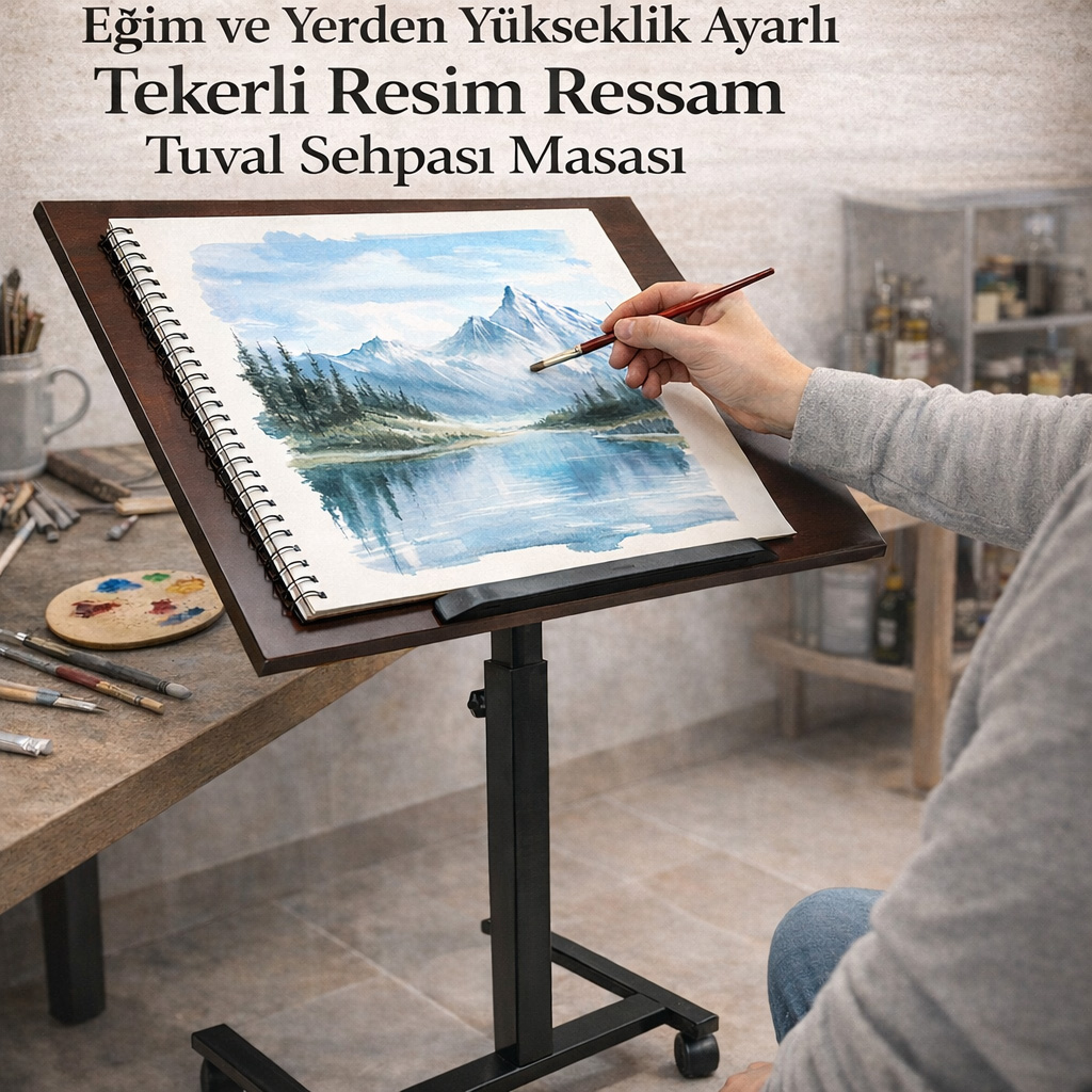 E�im ve yerden y�kseklik ayarl� tekerli resim ressam tuval sehpas� masas�