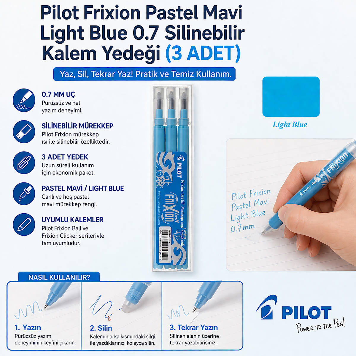 Pilot Frixion Pastel Mavi Light Blue 0.7 Silinebilir Kalem Yedeği (3 ADET)