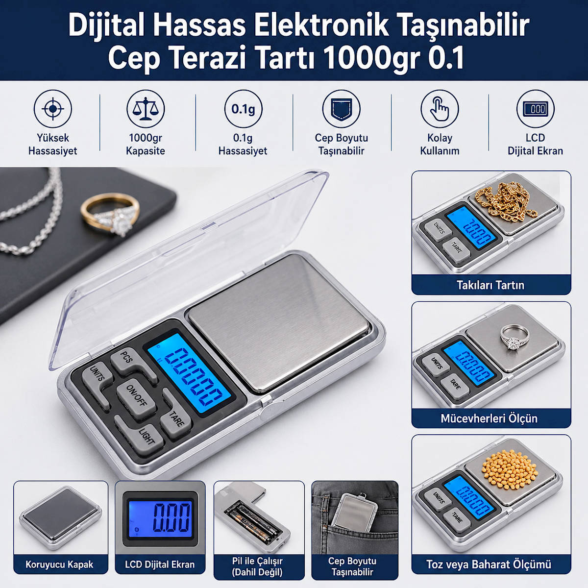 Dijital Hassas Elektronik Ta��nabilir Cep Terazi Tart� 1000gr 0.1