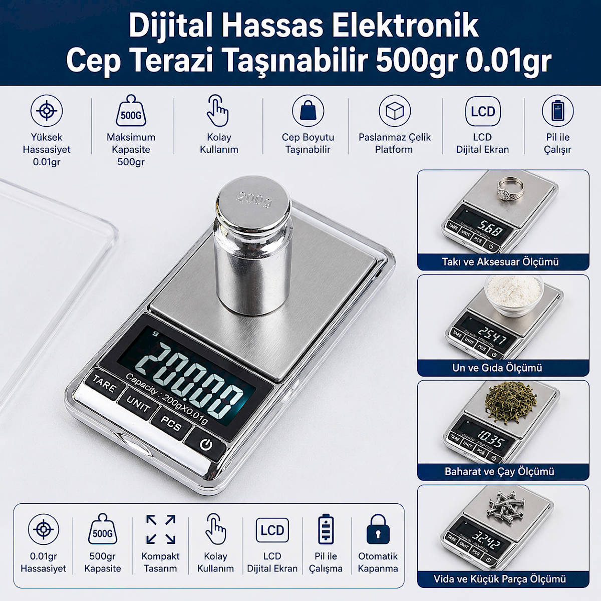 Hodbehod Dijital Hassas Elektronik Cep Terazi Bask�l Tart� Kantar 500 gr 0.01 gr