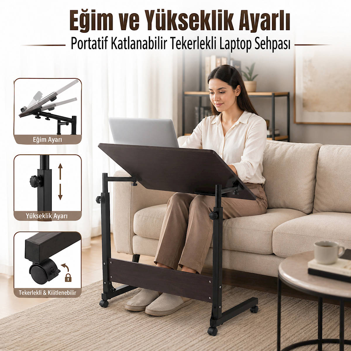 E�im ve Y�kseklik Ayarl� Portatif Katlanabilir Tekerlekli Laptop Sehpas�