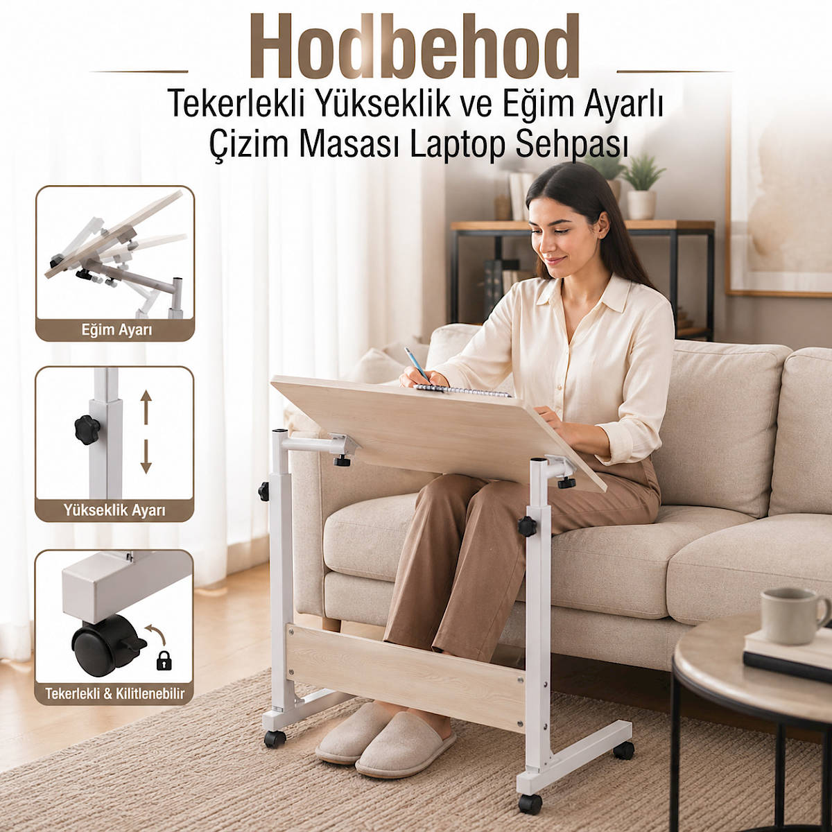 Hodbehod Tekerlekli Y�kseklik ve E�im Ayarl� �izim Masas� Laptop Sehpas�