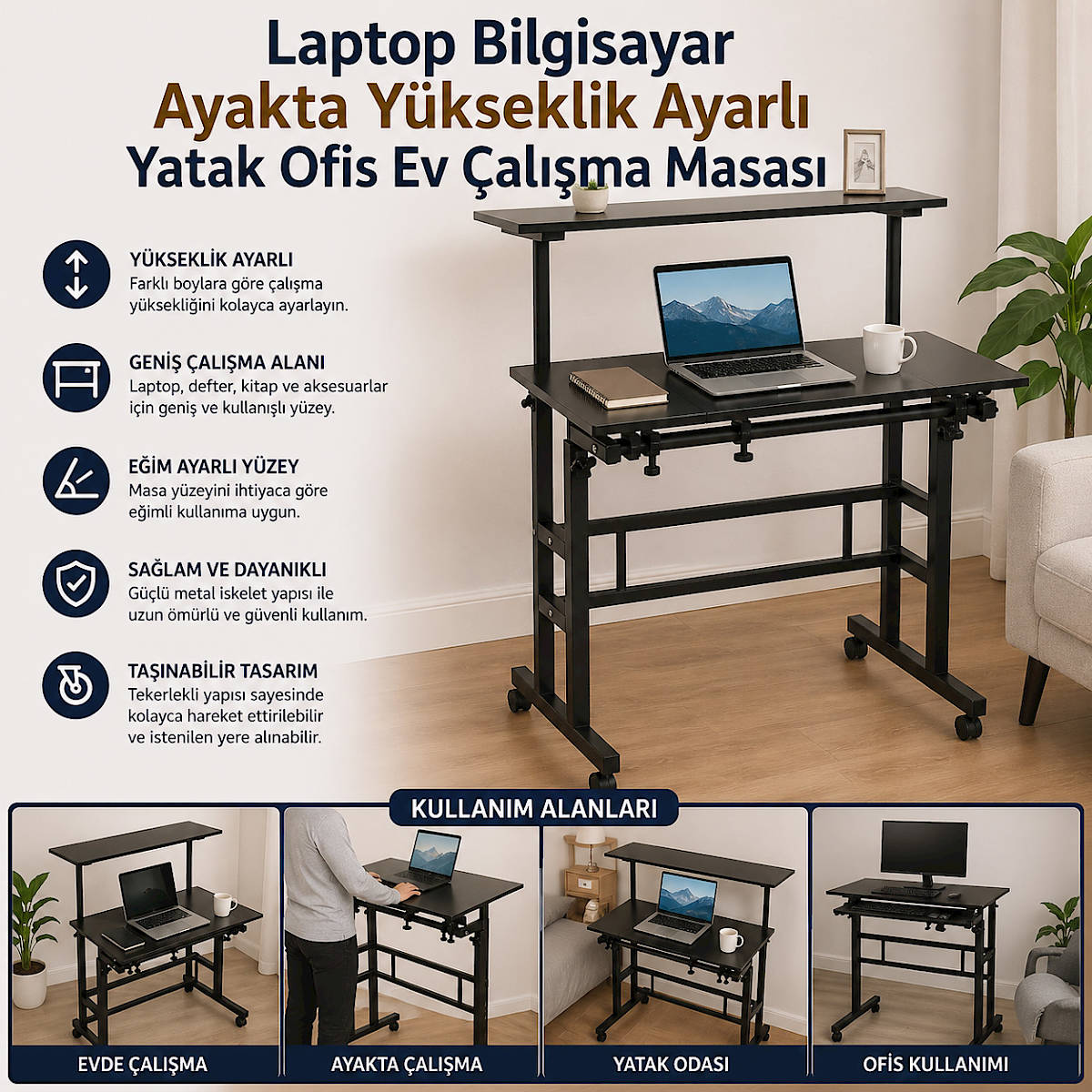 Laptop Bilgisayar Ayakta Y�kseklik Ayarl� Yatak Ofis Ev �al��ma Masas�