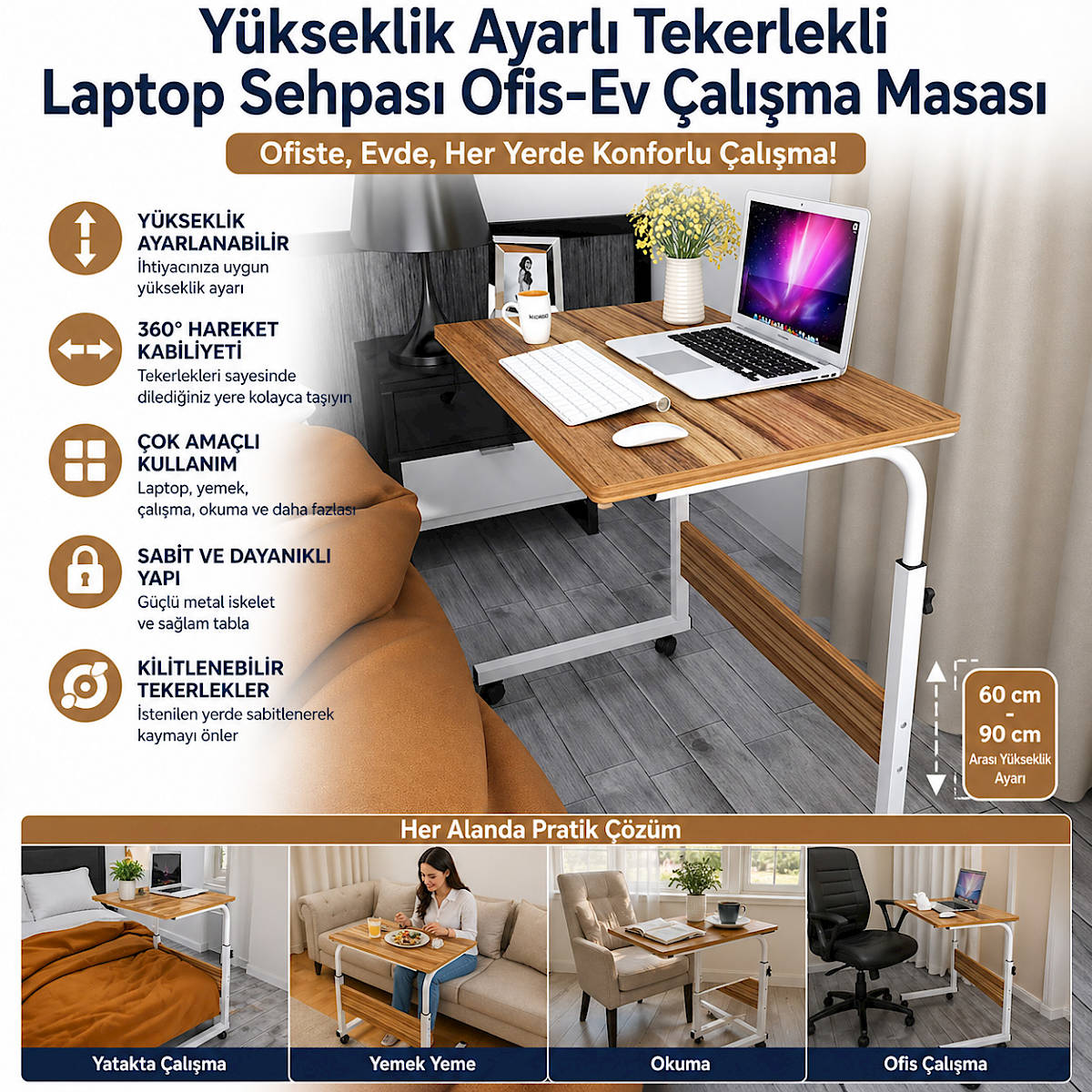 Y�kseklik Ayarl� Tekerlekli Laptop Sehpas� Ofis-Ev �al��ma Masas�