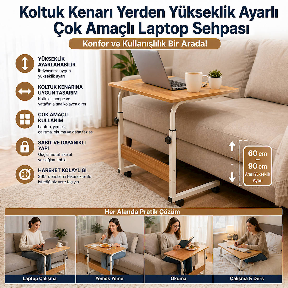 Koltuk Kenar� Yerden Y�kseklik Ayarl� �ok Ama�l� Laptop Sehpas�