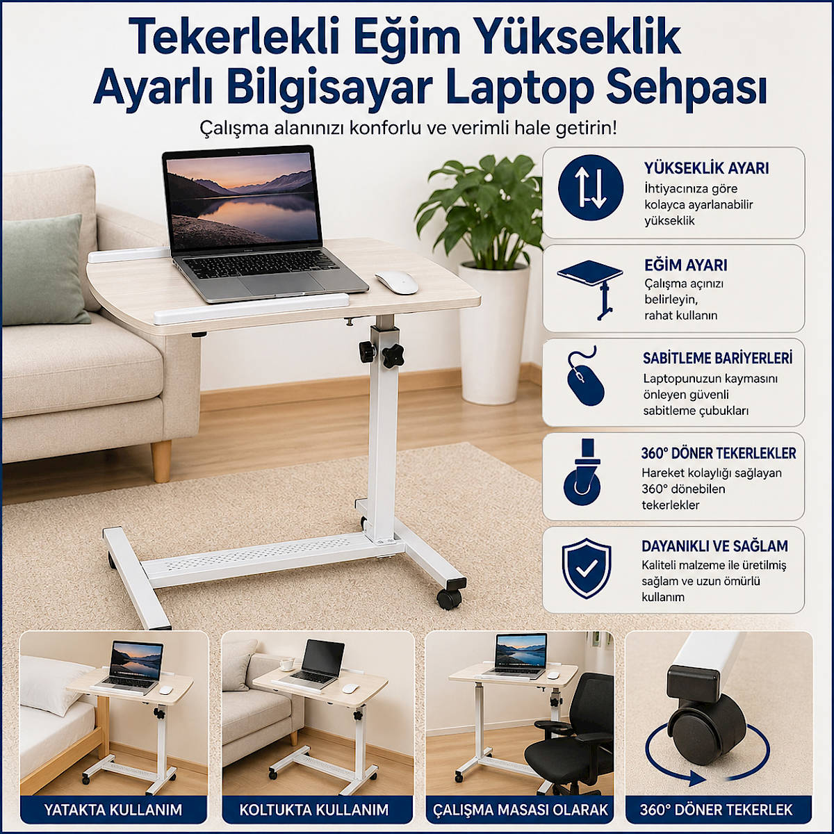 Tekerlekli E�im Y�kseklik Ayarl� Bilgisayar Laptop Sehpas�
