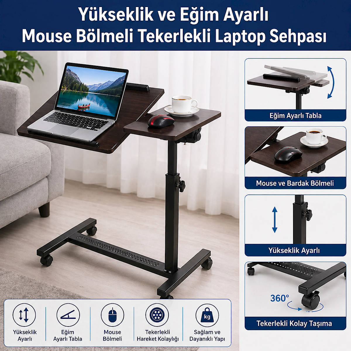 Y�kseklik ve E�im Ayarl� Mouse B�lmeli Tekerlekli Laptop Sehpas�