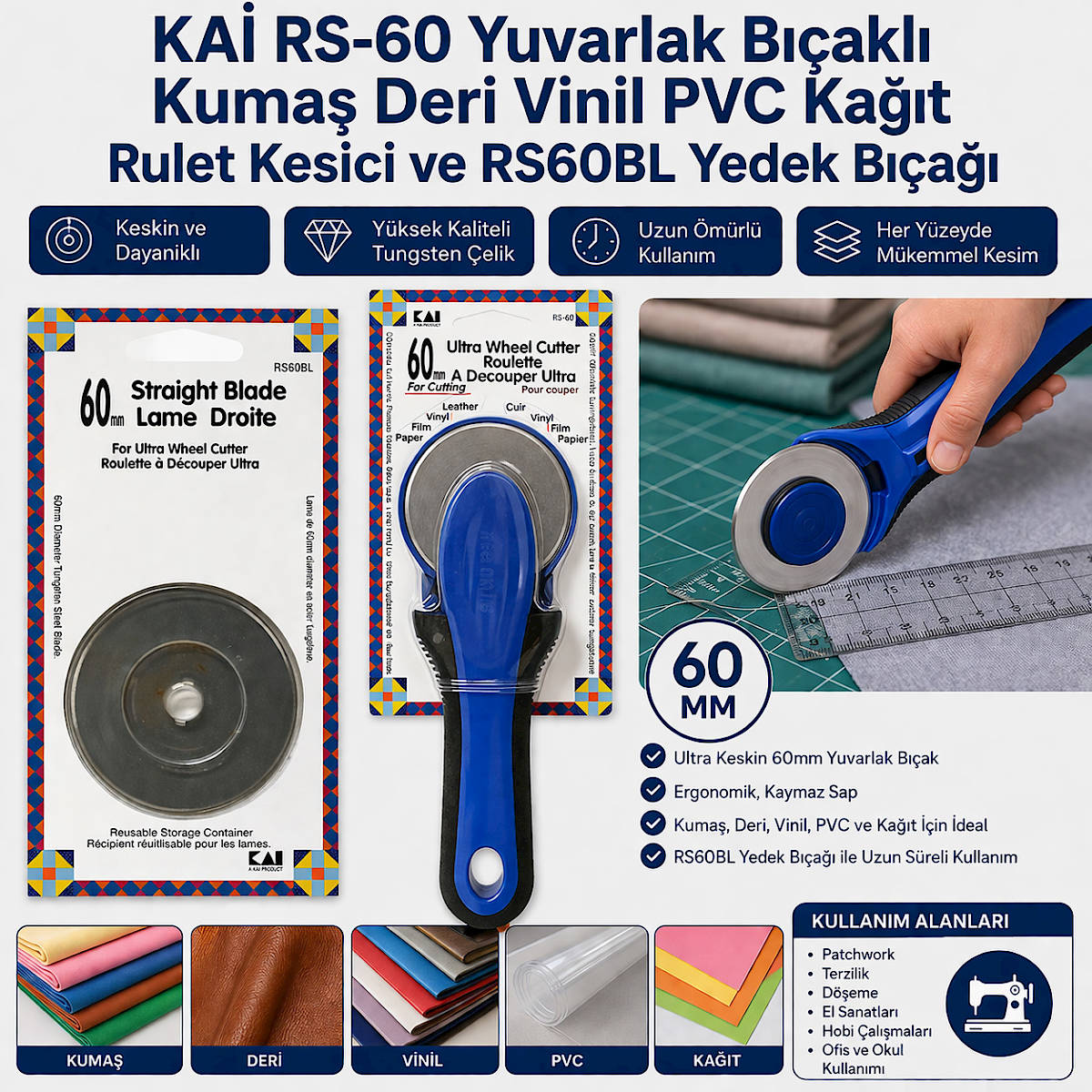 KA� RS-60 Yuvarlak B��akl� Kuma� Deri Vinil PVC Ka��t Rulet Kesici ve RS60BL Yedek B��a��