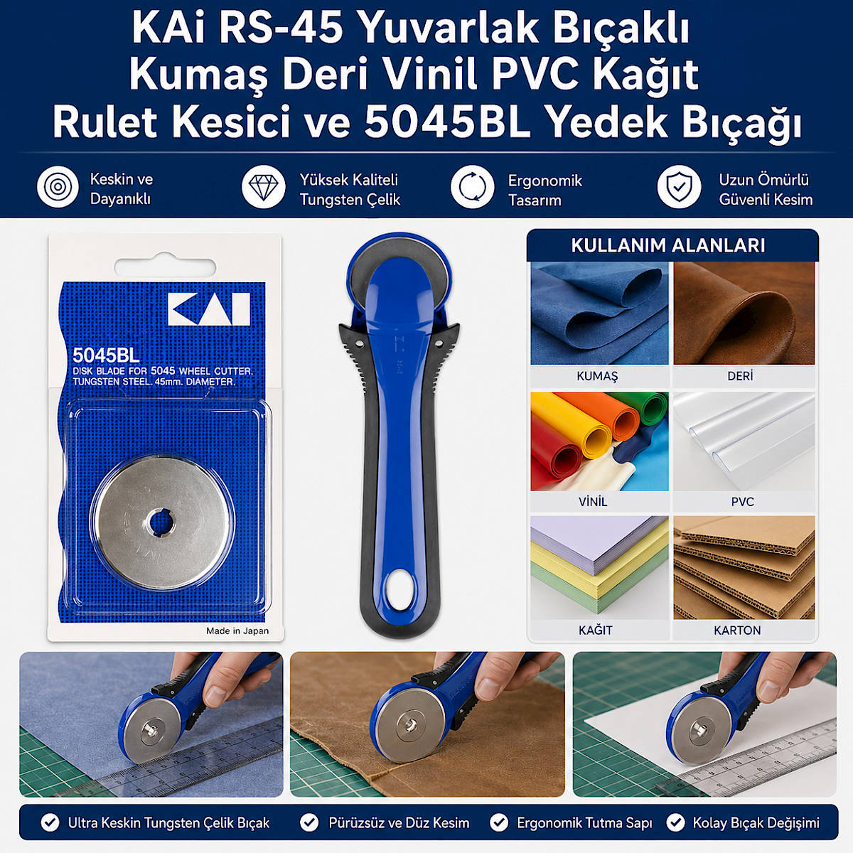 KA� RS-45 Yuvarlak B��akl� Kuma� Deri Vinil PVC Ka��t Rulet Kesici ve 5045BL Yedek B��a��