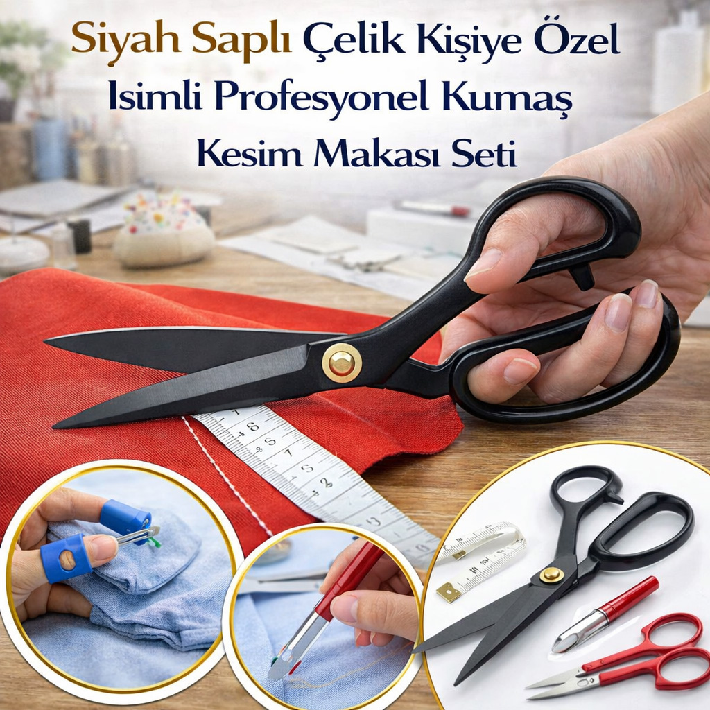10 No K�rm�z� Sapl� �elik Ki�iye �zel �simli Profesyonel Kuma� Kesim Makas� Set 25.5cm Set