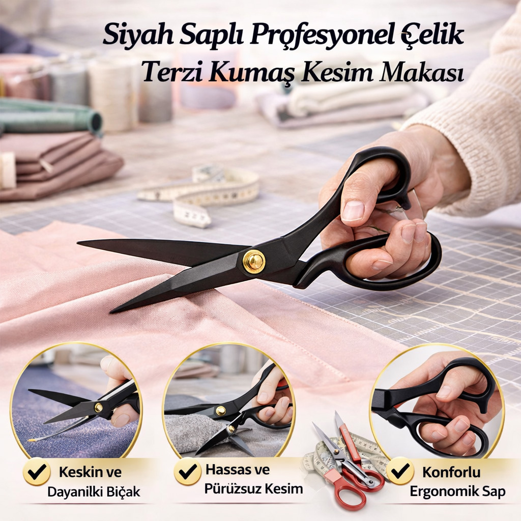 P�n S�YAH Sapl� Profesyonel Paslanmaz �elik Terzi Makas��