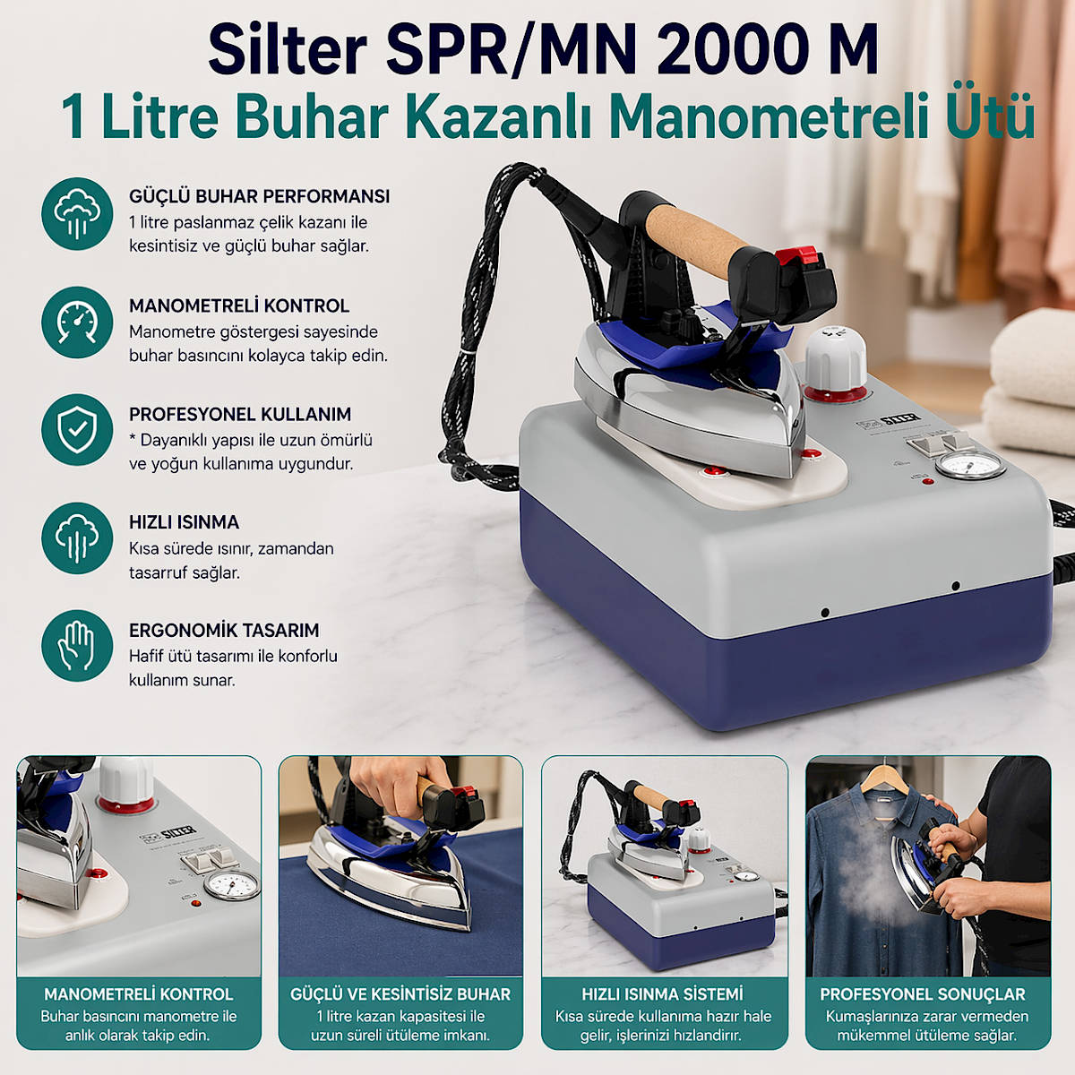 Silter SPR/MN 2000 M 1 Litre Buhar Kazanl� Manometreli �t�