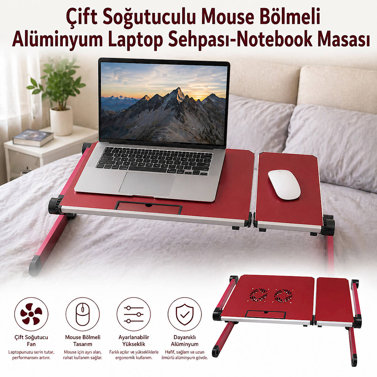 �ift So�utuculu Mouse B�lmeli Al�minyum Laptop Sehpas�-Notebook Masas�