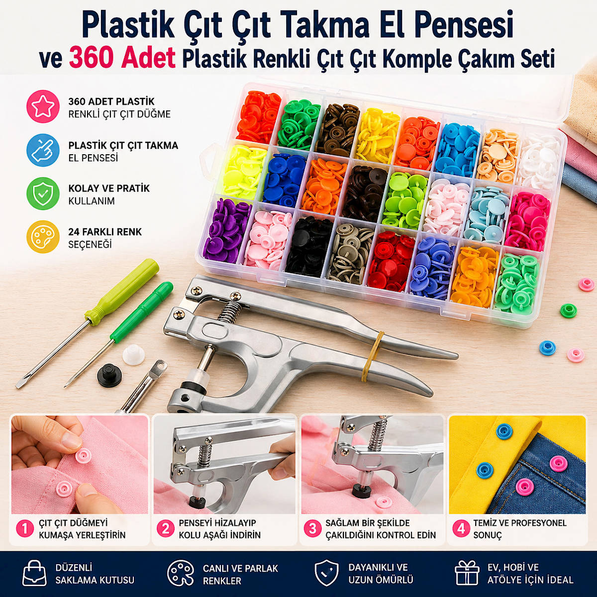 Plastik ��t ��t Takma El Pensesi ve 360 Adet Plastik Renkli ��t ��t Komple �ak�m Seti