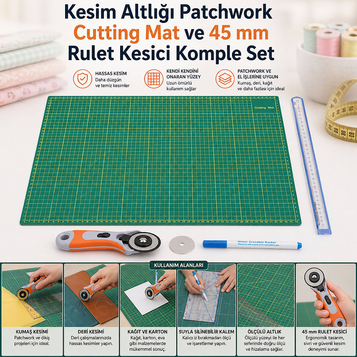 Kesim Altl��� Patchwork Cutting Mat ve 45 mm Rulet Kesici Komple Set