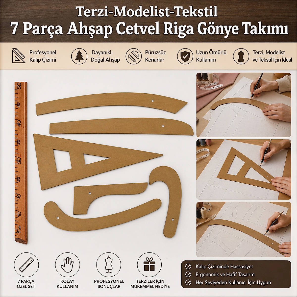 Terzi-Modelist-Tekstil 7 Par�a Ah�ap Cetvel Riga G�nye Tak�m�