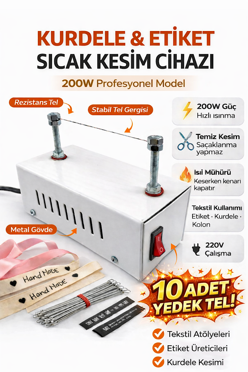 200W Etiket & Kurdele S�cak Kesim Makinesi � Profesyonel Model + 10 Adet Yedek Tel