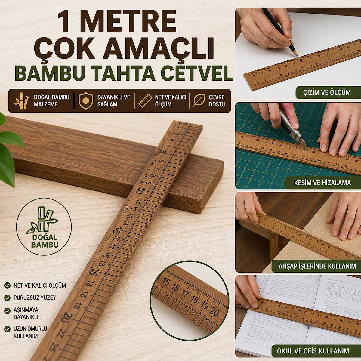 1 Metre �ok Ama�l� Bambu Tahta Cetvel