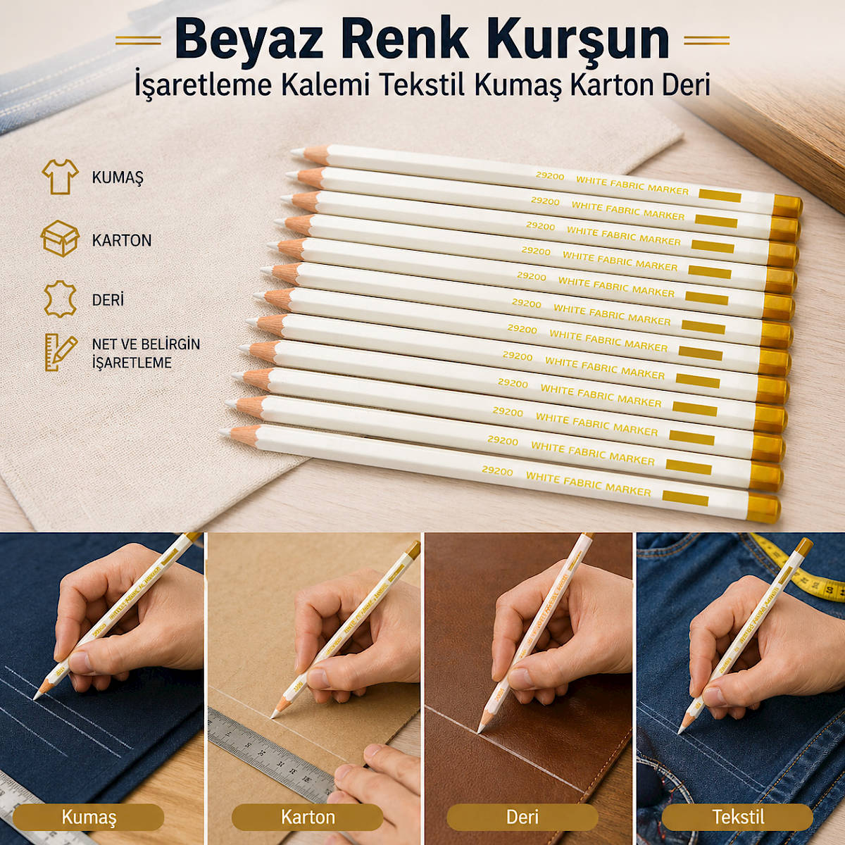 Beyaz Renk Kur�un ��aretleme Kalemi Tekstil Kuma� Karton Deri