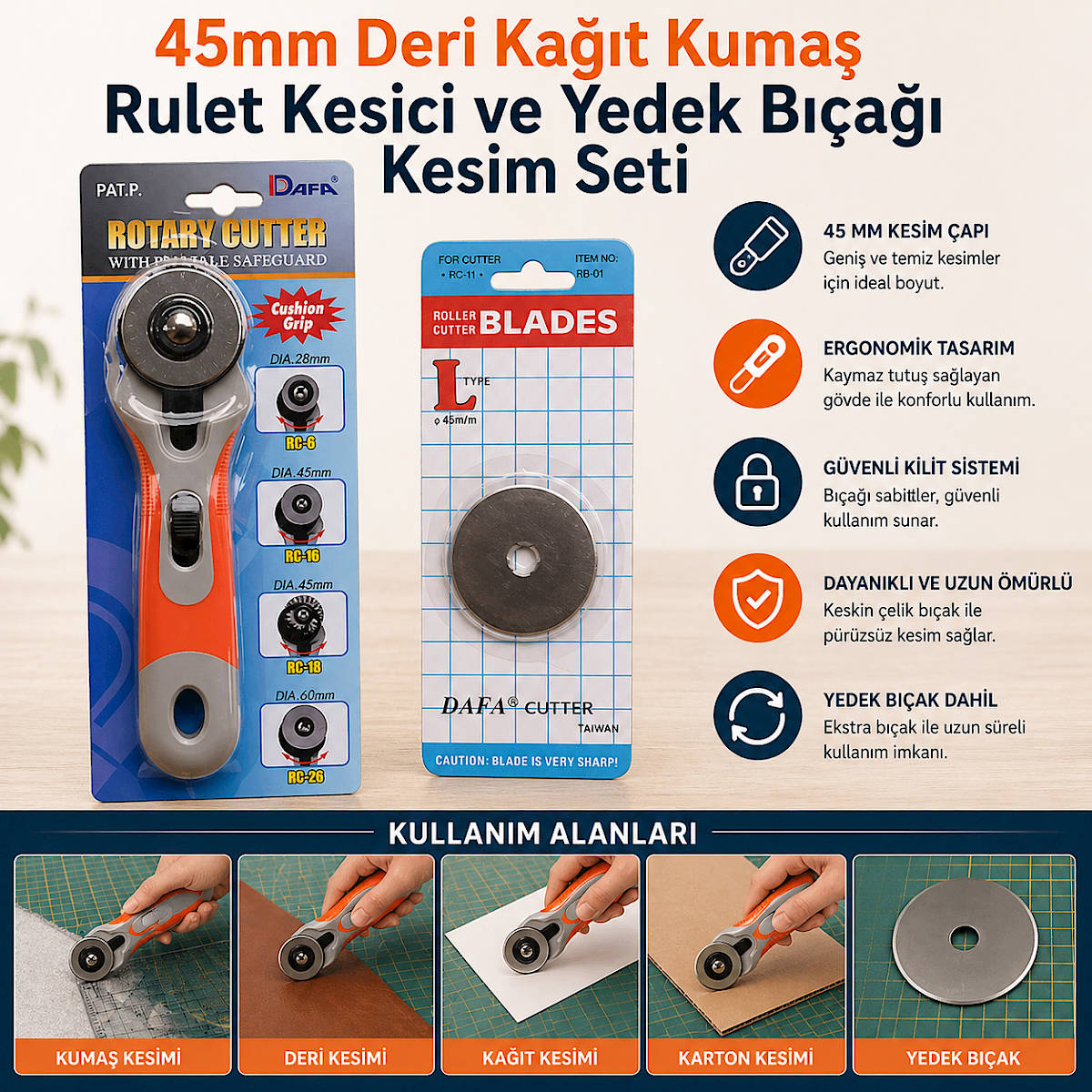 45mm Deri Ka��t Kuma� Rulet Kesici ve Yedek B��a�� Kesim Seti