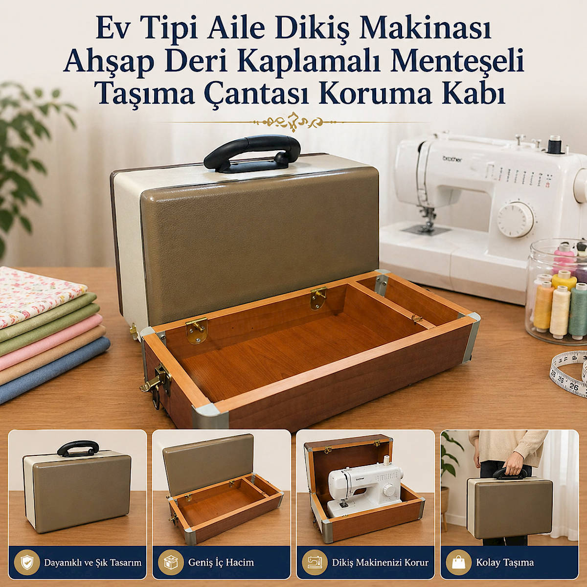 Ev Tipi Aile Diki� Makinas� Ah�ap Deri Kaplamal� Mente�eli Ta��ma �antas� Koruma Kab�