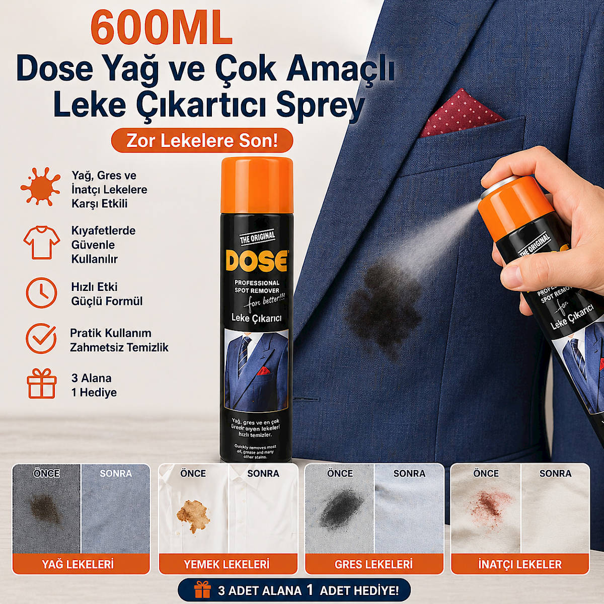 600ML Dose Ya� ve �ok Ama�l� Leke ��kart�c� Sprey