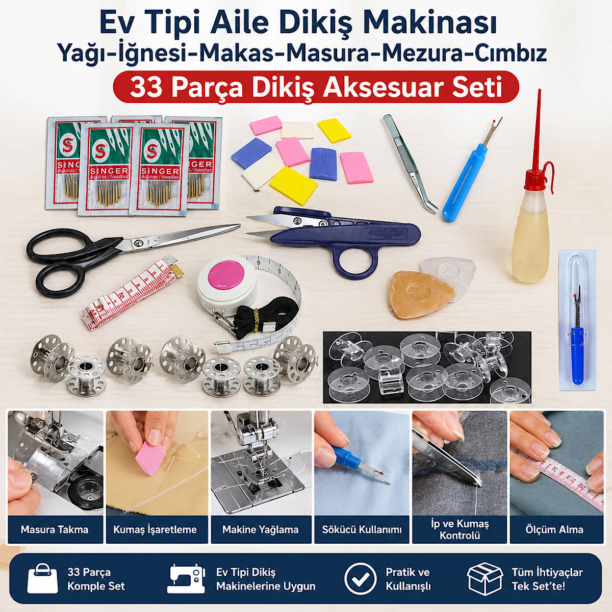 Ev Tipi Aile Dikiş Makinası Yağı-İğnesi-Makas-Masura-Mezura-Cımbız 33 Parça Dikiş Aksesuar Seti