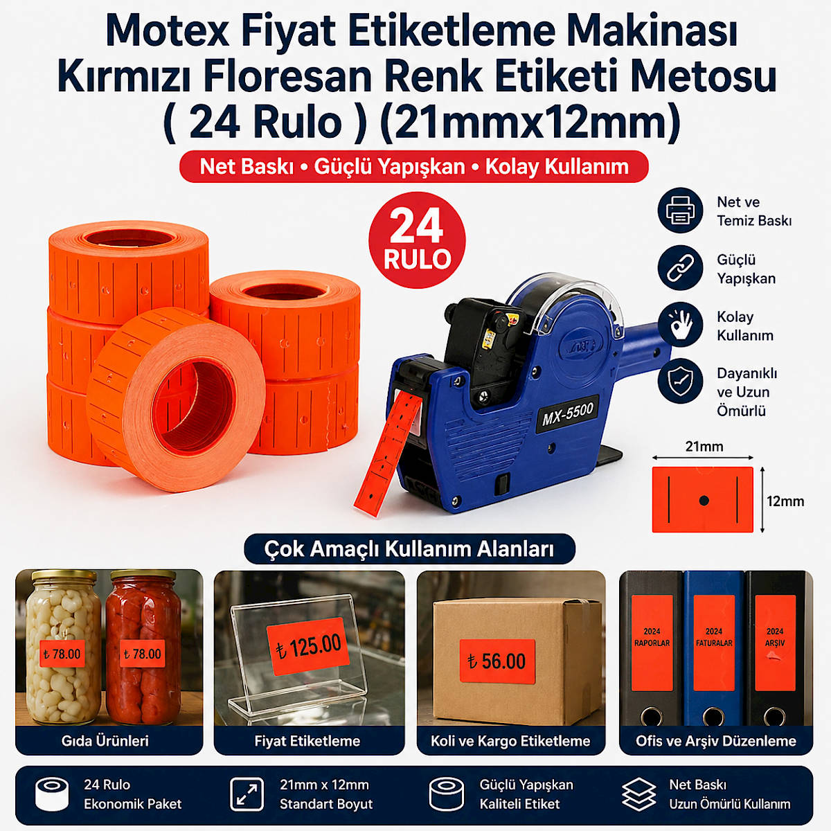Motex Fiyat Etiketleme Makinas� K�rm�z� Floresan Renk Etiketi Metosu ( 24 Rulo ) (21mmx12mm)