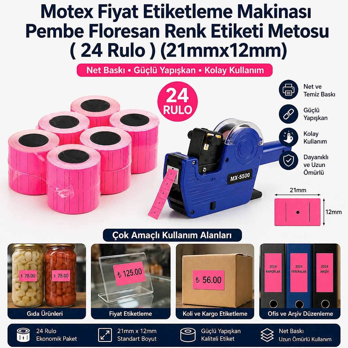 Motex Fiyat Etiketleme Makinas� Pembe Floresan Renk Etiketi Metosu ( 24 Rulo ) (21mmx12mm)