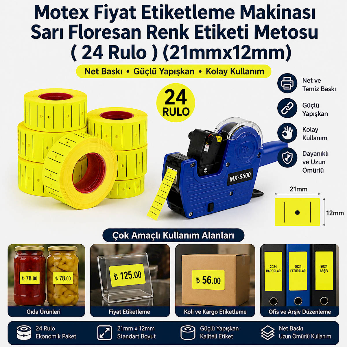 Motex Fiyat Etiketleme Makinas� Sar� Floresan Renk Etiketi Metosu ( 24 Rulo ) (21mmx12mm)