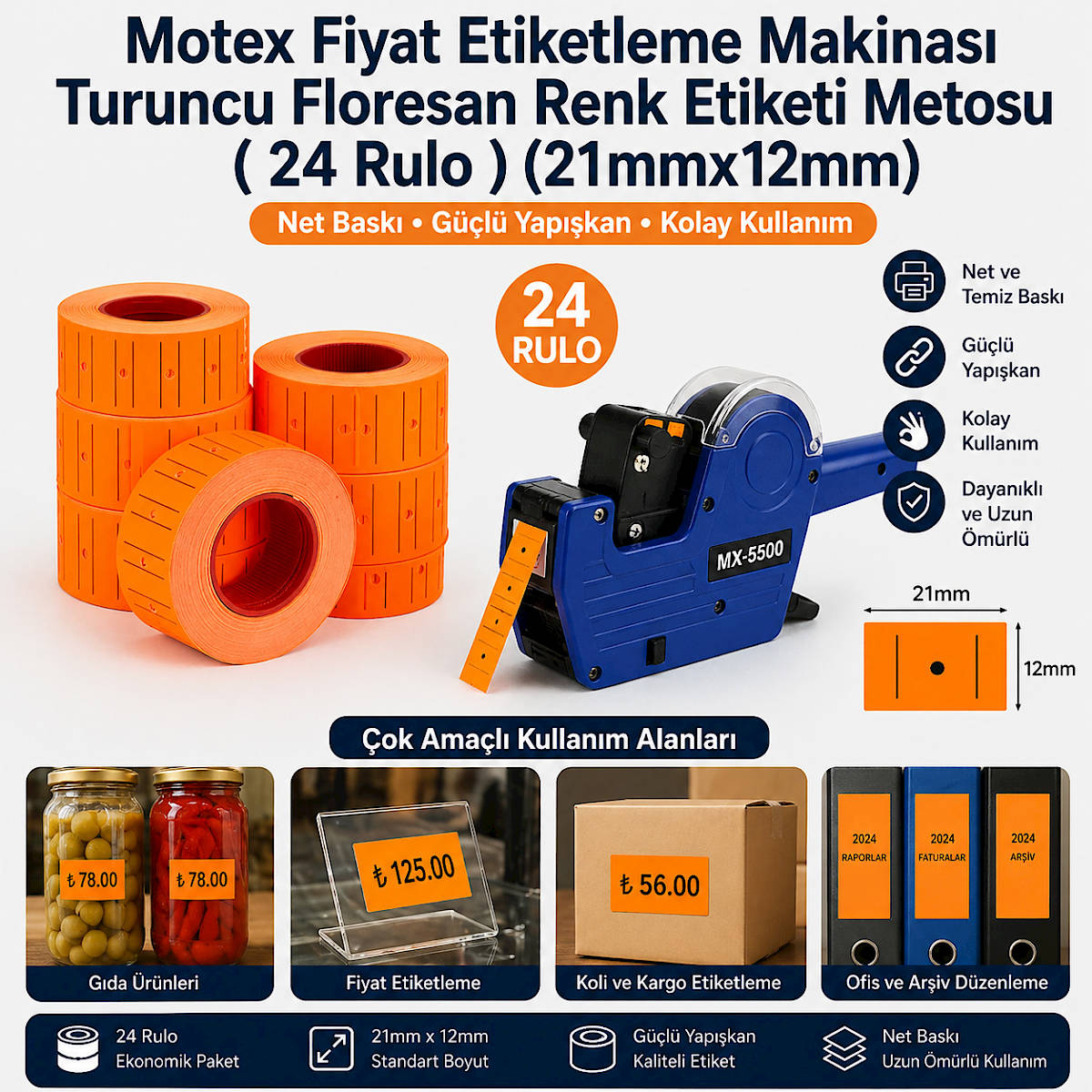 Motex Fiyat Etiketleme Makinas� Turuncu Floresan Renk Etiketi Metosu ( 24 Rulo ) (21mmx12mm)