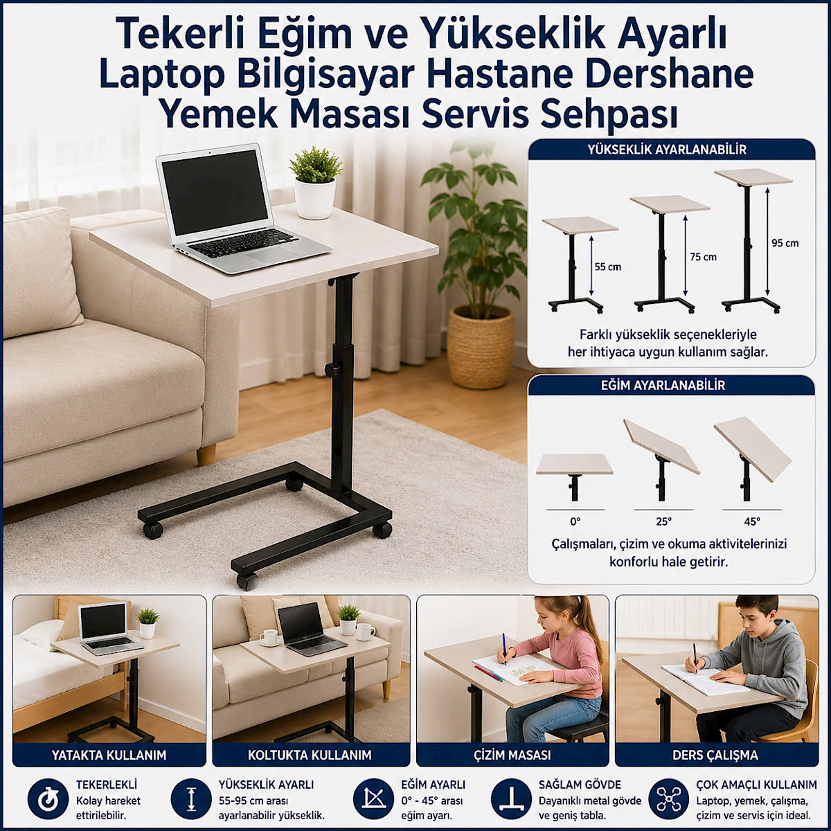 Tekerli E�im ve Y�kseklik Ayarl� Laptop Bilgisayar Hastane Dershane Yemek Masas� Servis Sehpas�