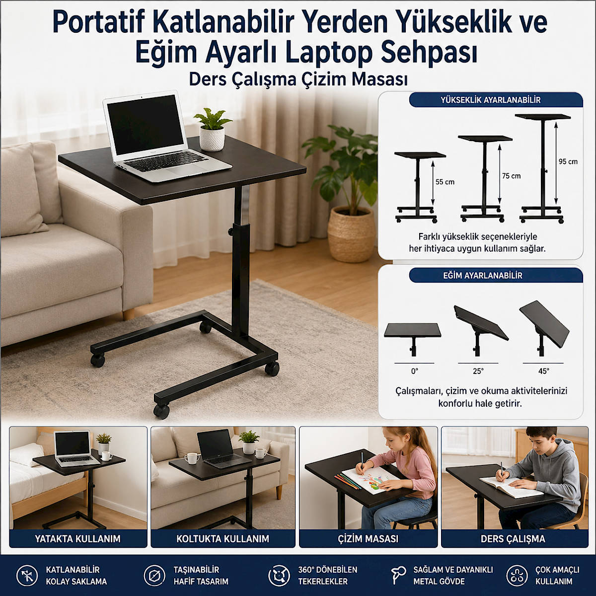 Portatif Katlanabilir Yerden Y�kseklik ve E�im Ayarl� Laptop Sehpas� Ders �al��ma Masas�