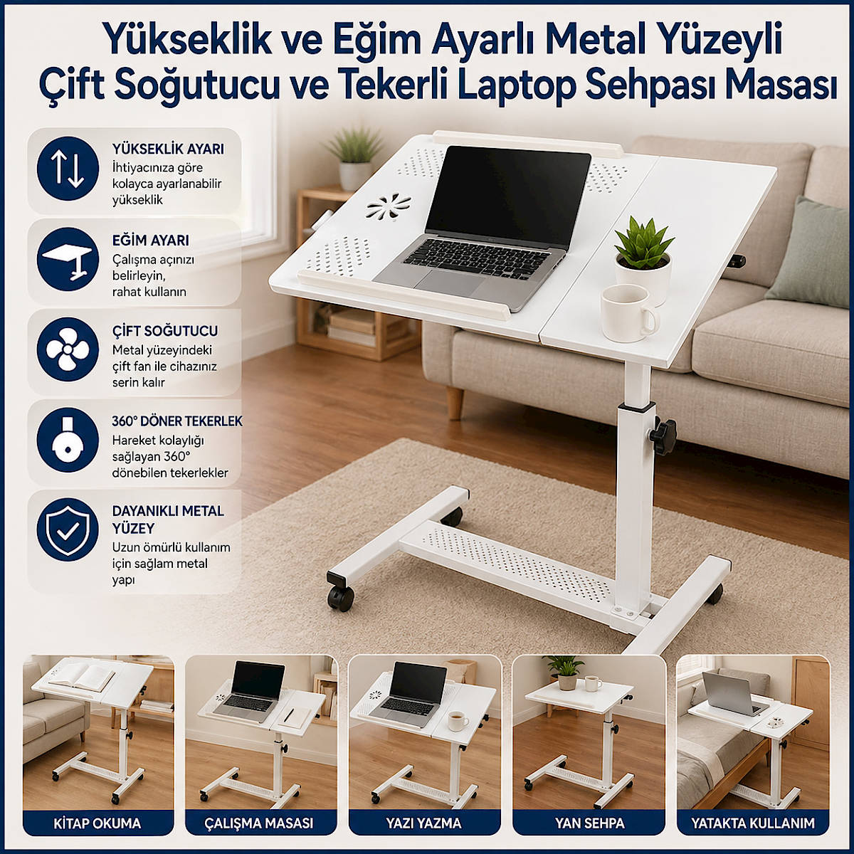 Y�kseklik ve E�im Ayarl� Metal Y�zeyli �ift So�utucu ve Tekerli Laptop Sehpas� Masas�