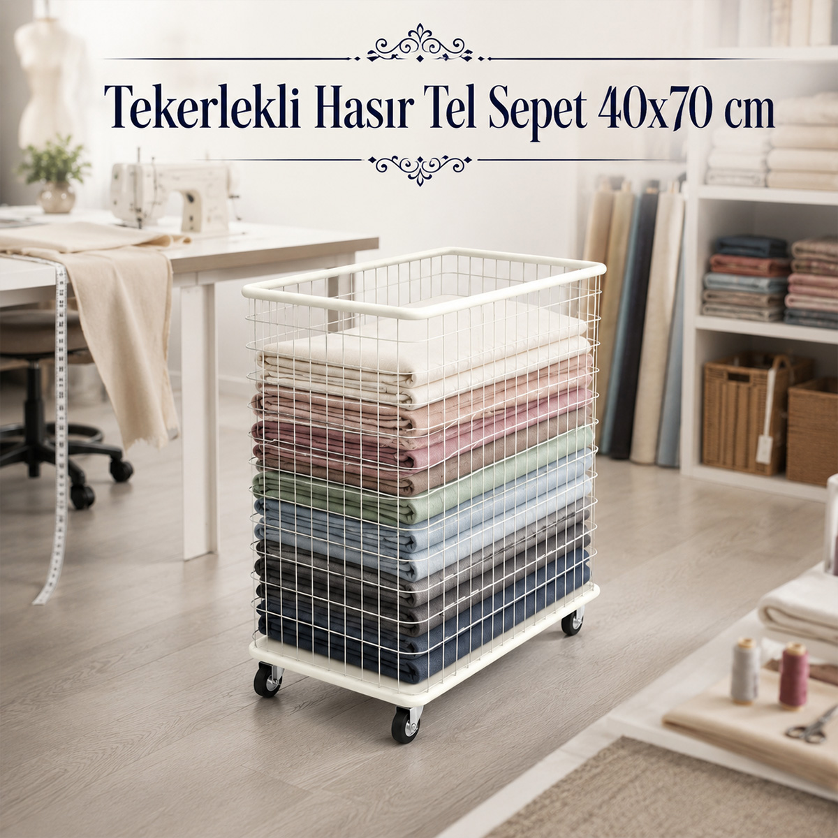Tekerlekli Has�r Tel Sepet 40x70 cm